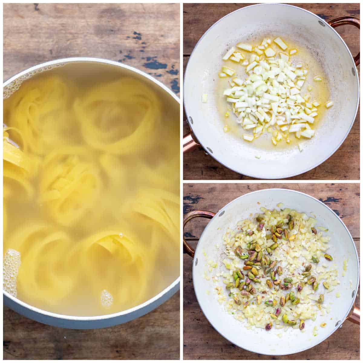 Collage: 1 cooking pasta, 2 pan of onions, 3 pistachios added.