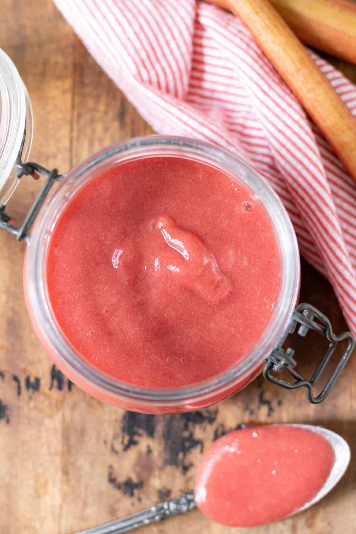 Looking down into a jar of sauce.