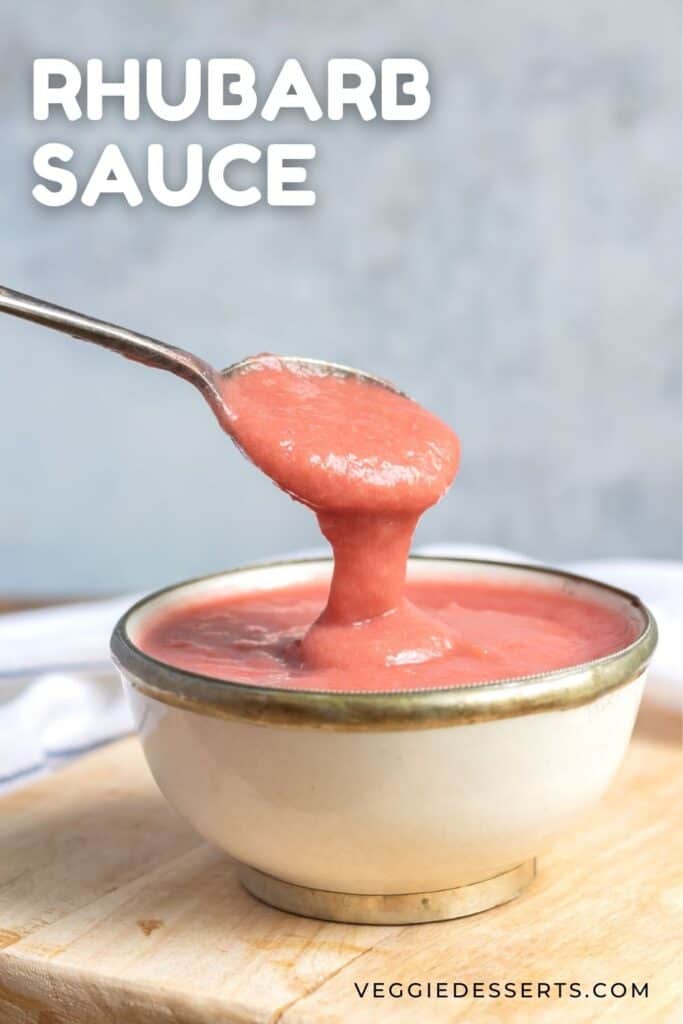 Spoonful of sauce with text: Rhubarb Sauce.