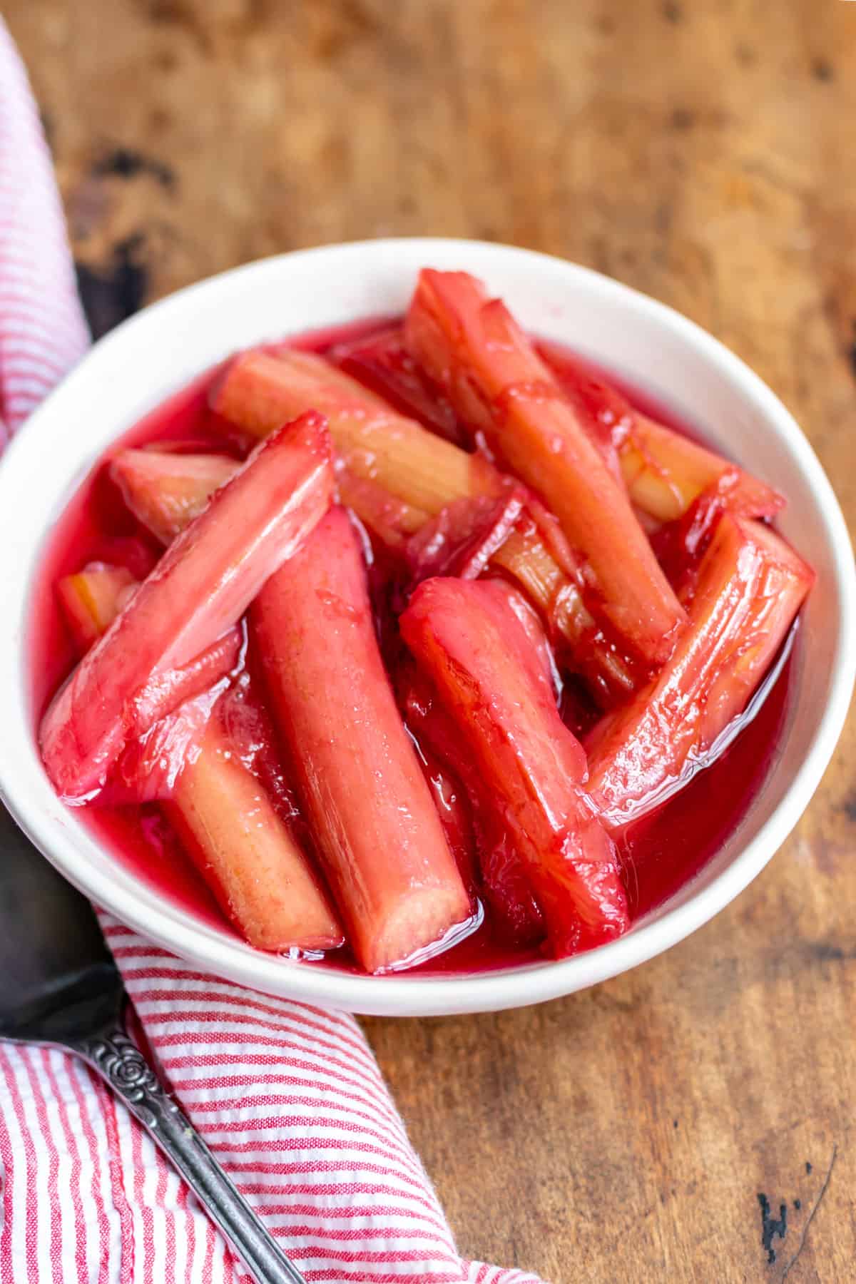 Close up of stewed rhubarb in a bowl.
