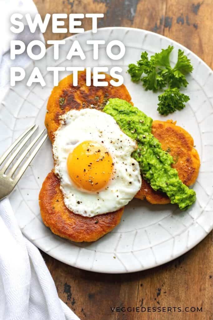 Plate of patties with text: Sweet Potato Patties.