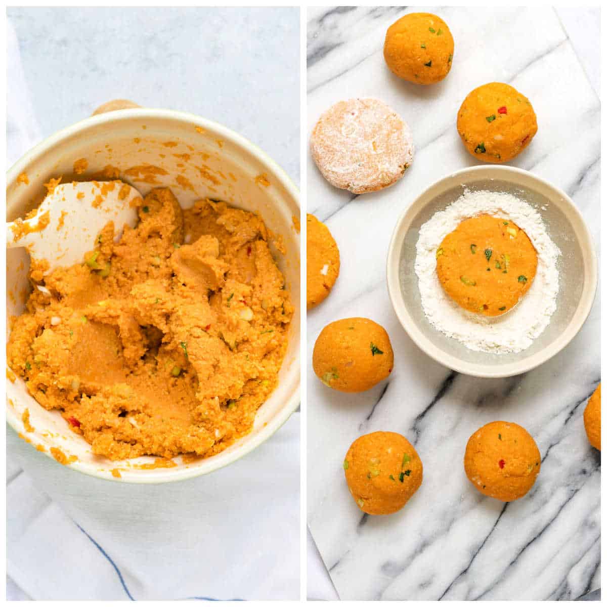 Collage: mashed sweet potato in a bowl, rolling into balls.