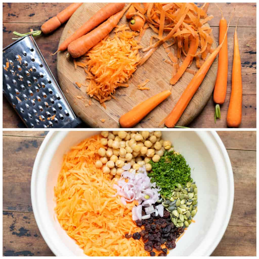 Collage: grating carrot, salad ingredients in a bowl.