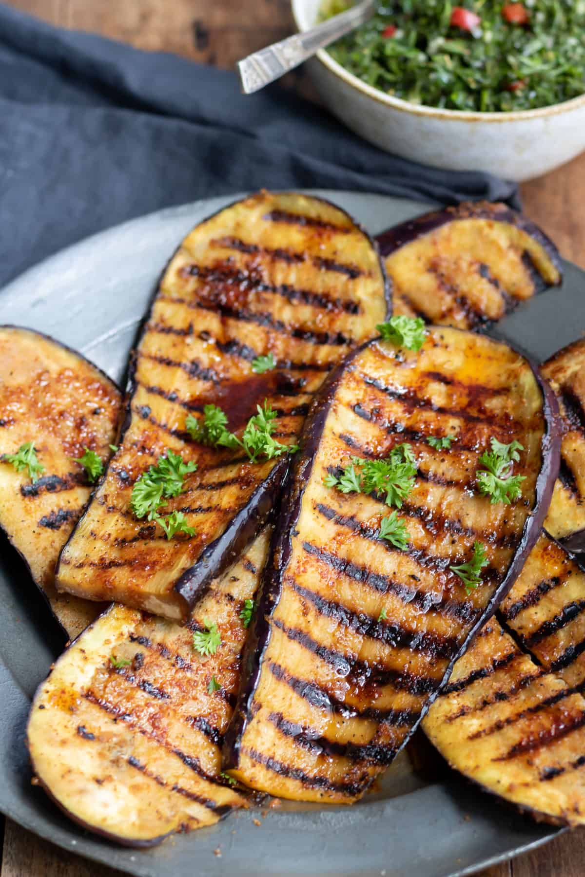 Close up of grilled eggplant.