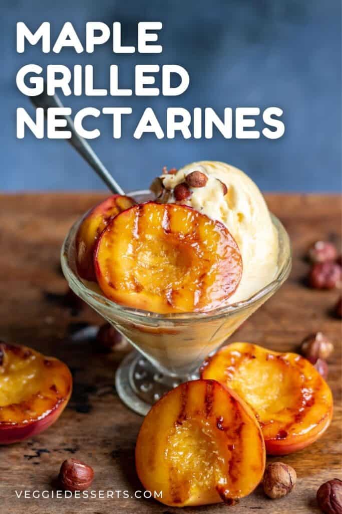 Dish of ice cream topped with cooked nectarines.