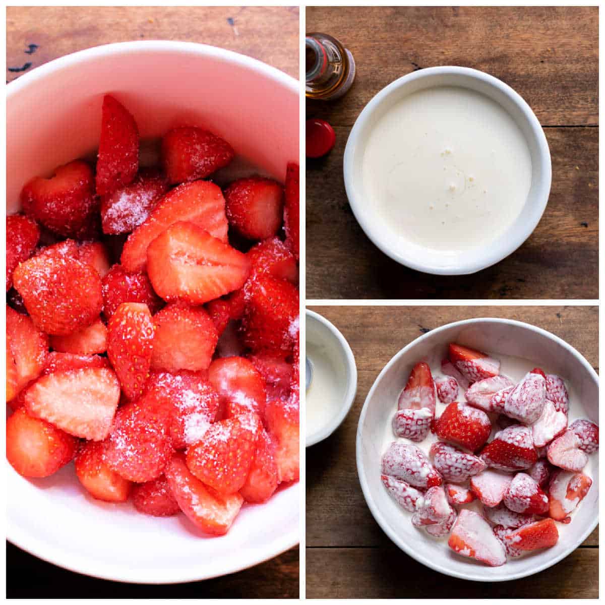 Collage of making strawberries and cream.