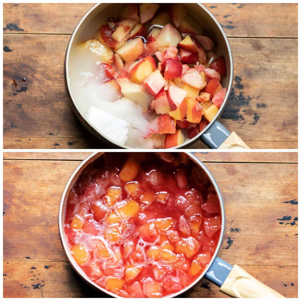 Pot of peaches, water and sugar.