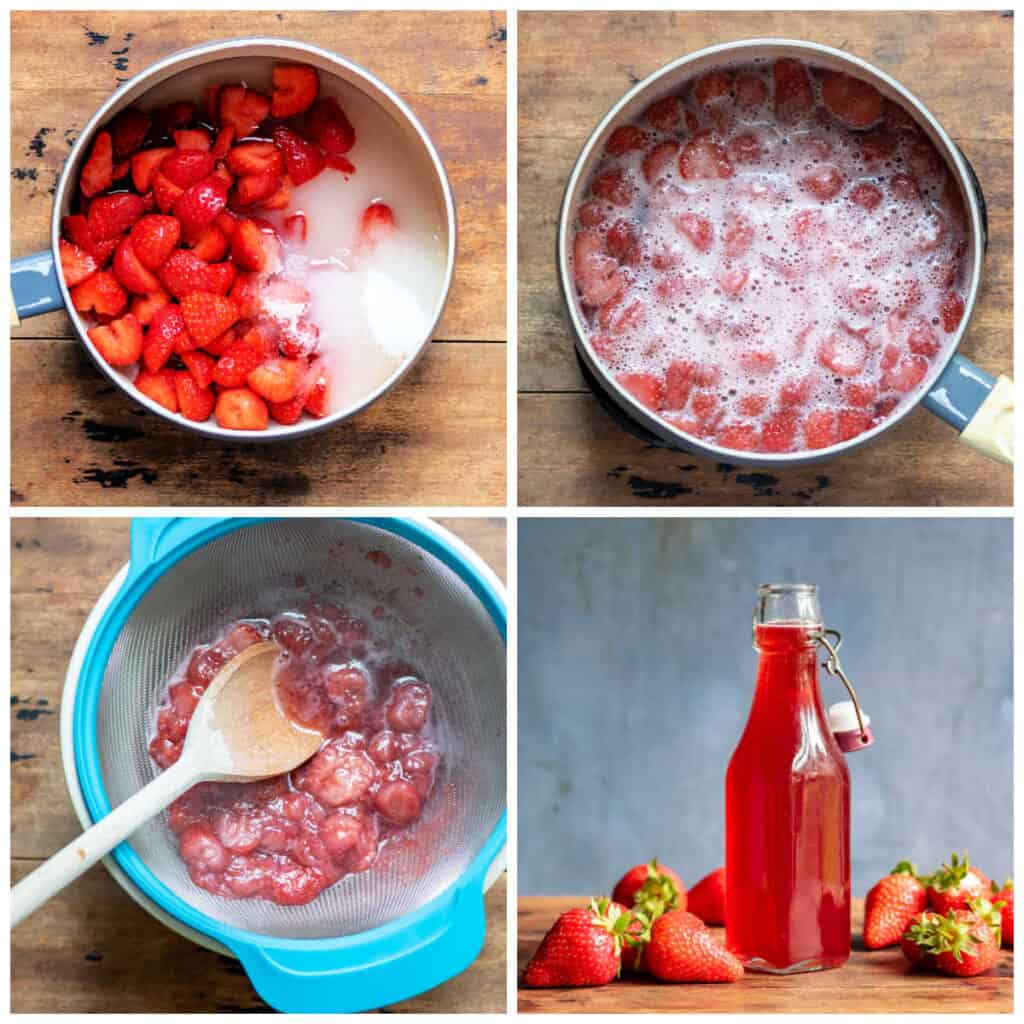 Collage of making strawberry syrup.