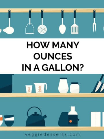 Illustration of kitchen shelves with text: how many ounces in a gallon?