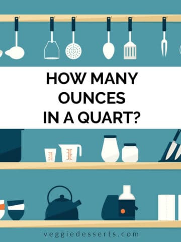 Illustration of kitchen shelves with text, how many ounces in a quart.