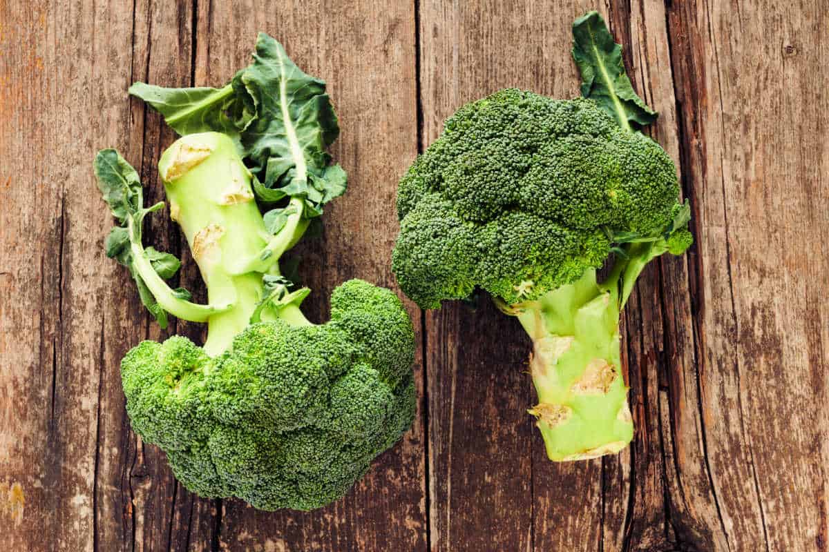 Two broccoli on a wooden table.