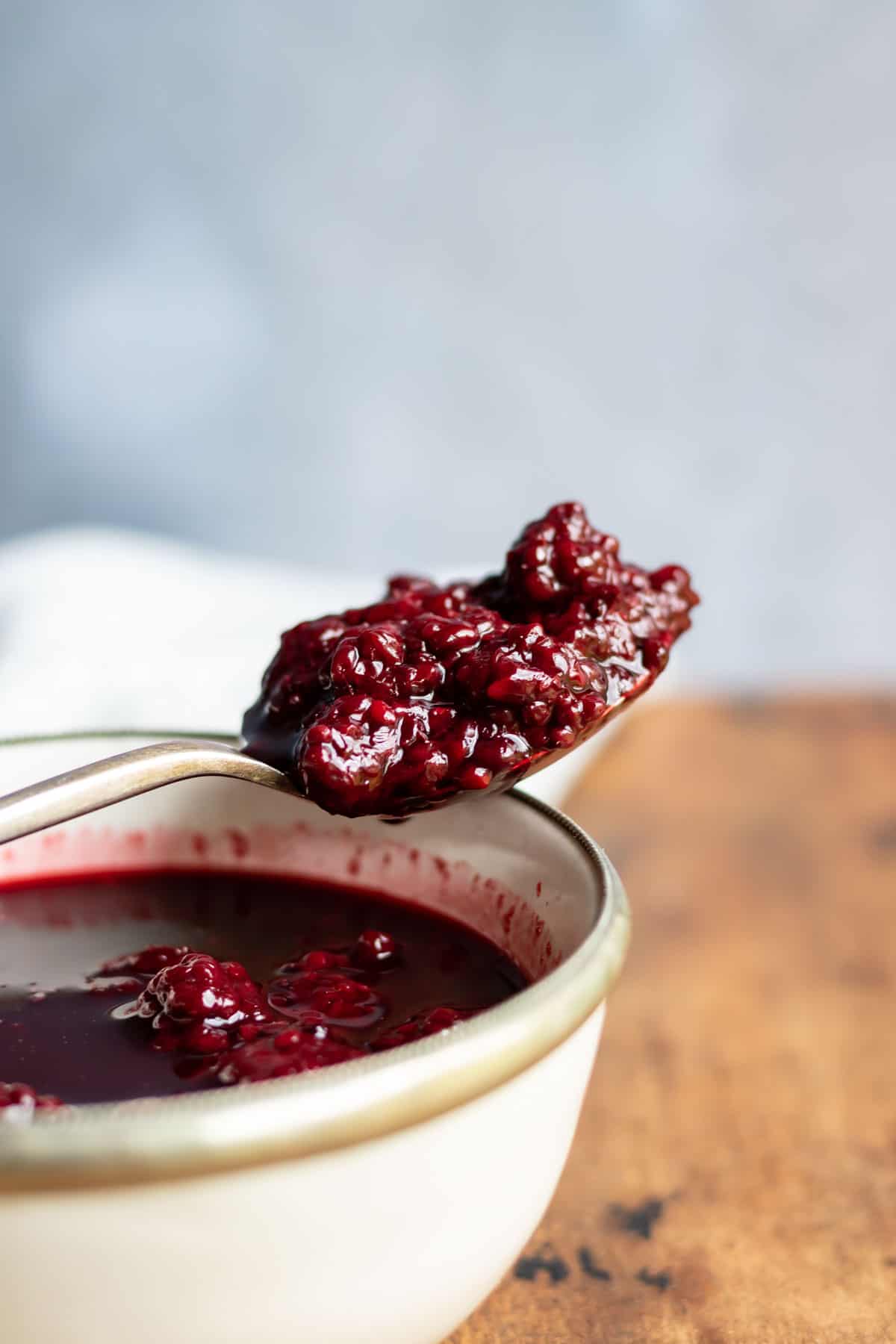 Spoonful of compote on a bowl of it.