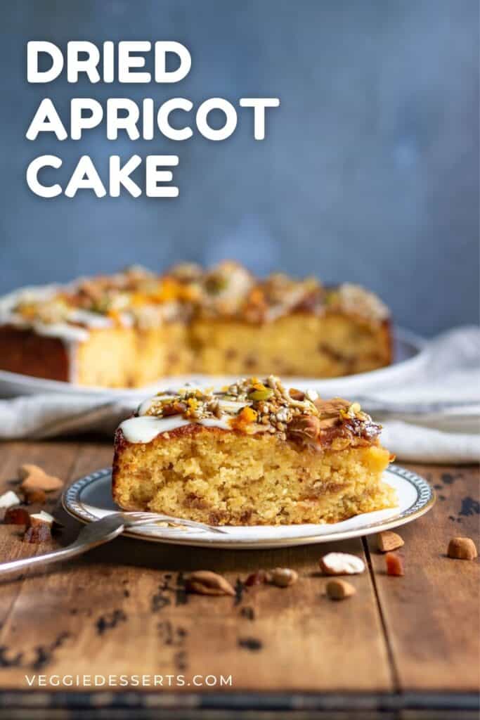 Slice of cake on a plate with text: Dried Apricot Cake.