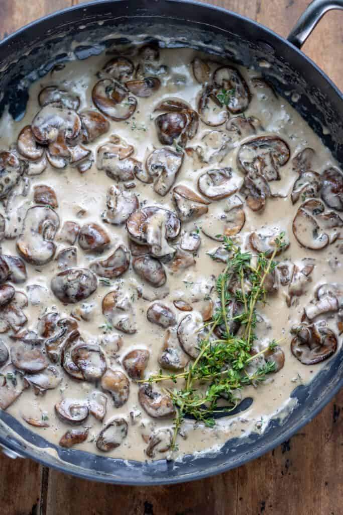 Close up in a pan of mushroom sauce.
