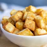 Close up of croutons in a bowl.