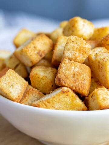Close up of croutons in a bowl.