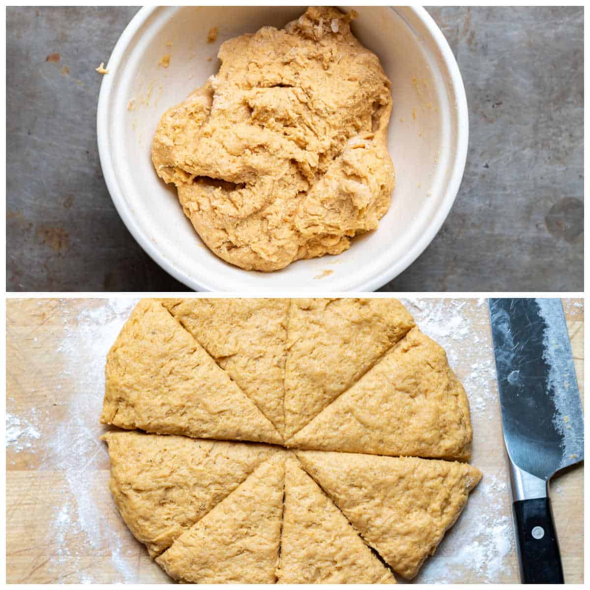 Collage: scone dough in a bowl, and pat into a round.