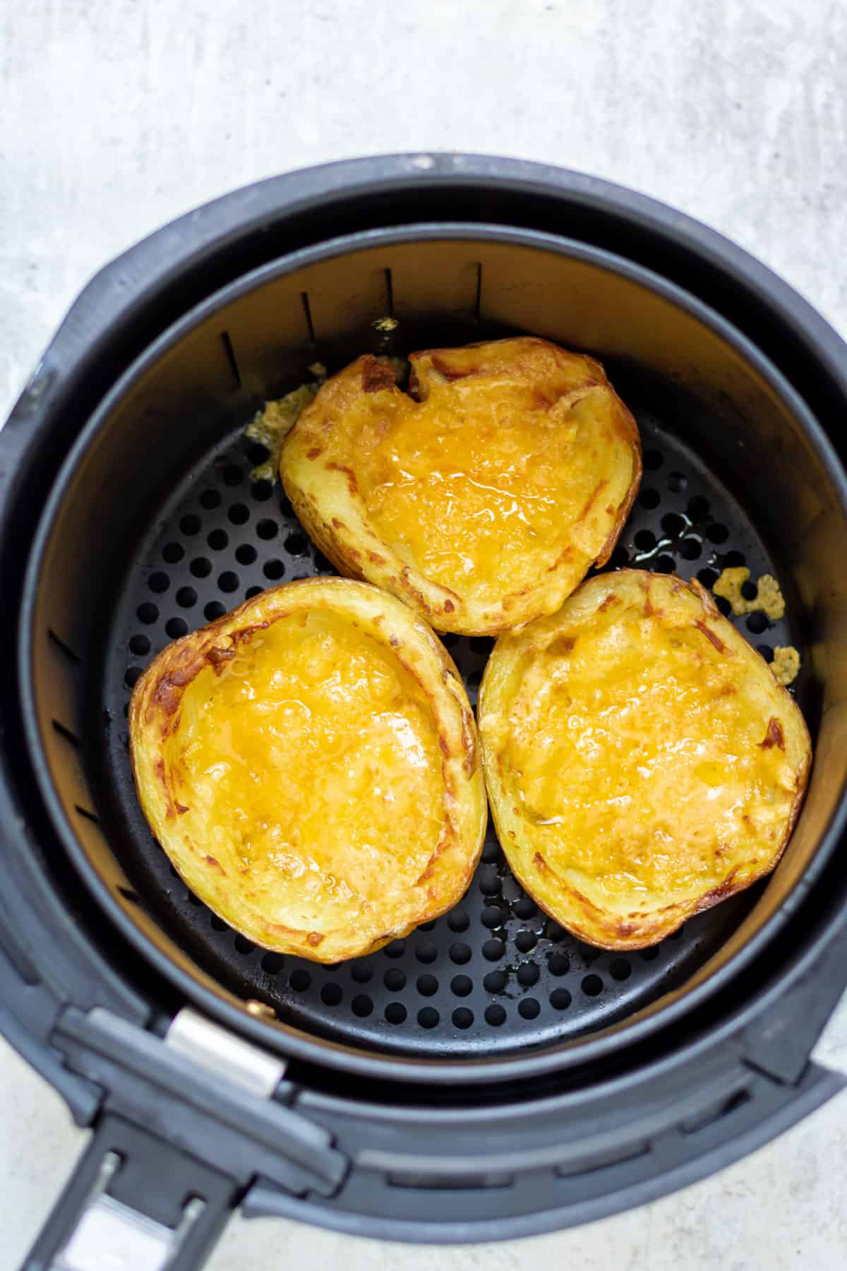 Cooked potato skins in the air fryer.