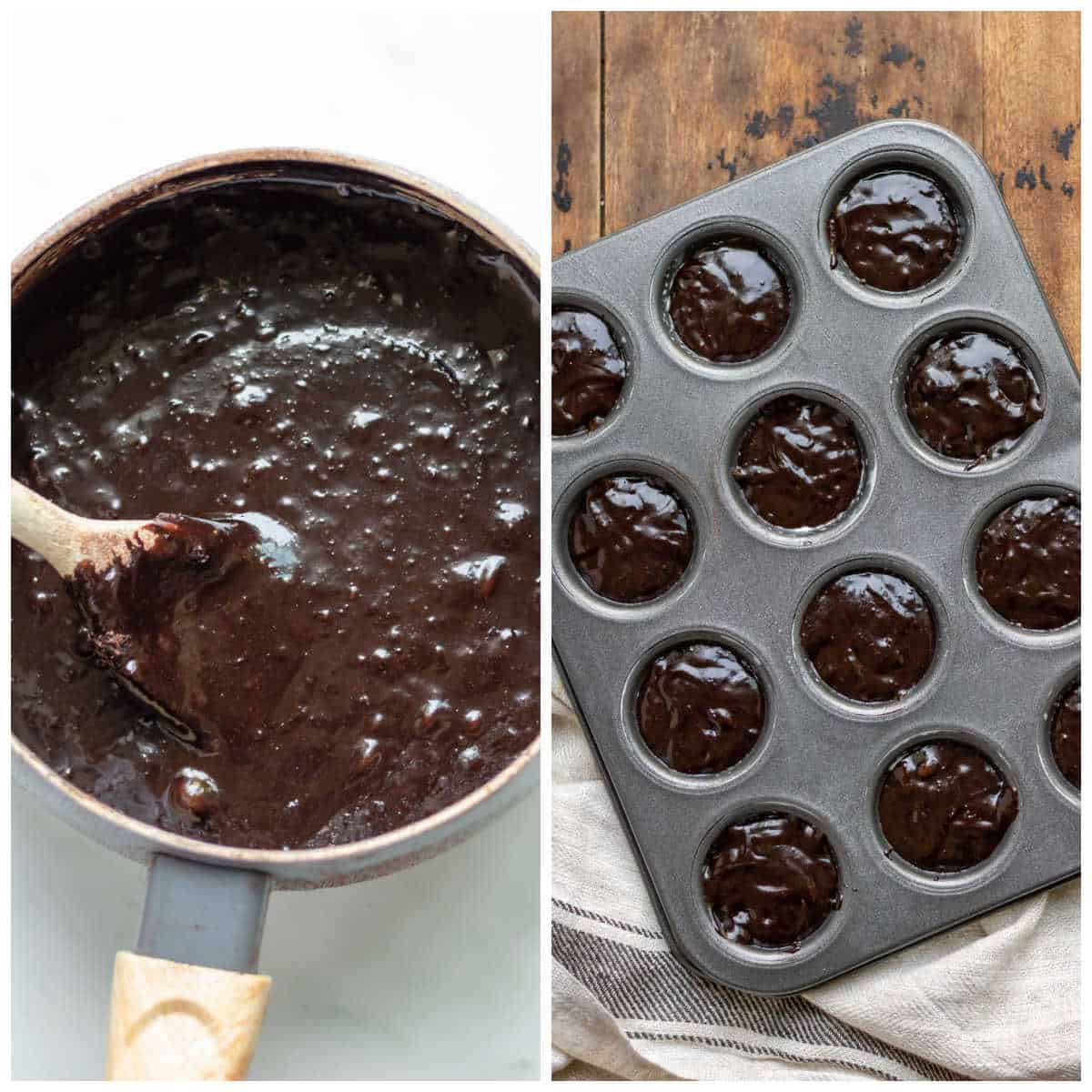 Stirring the mixture in a pot, mini muffin pan filled with brownie batter.