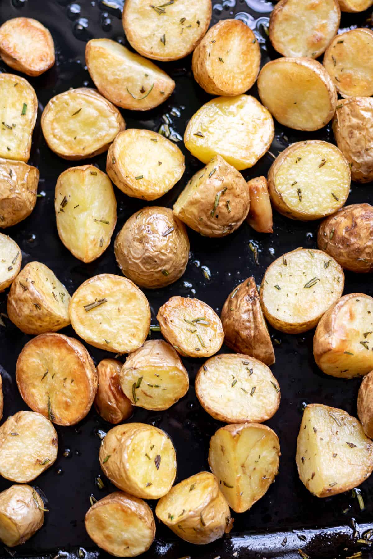 A pan of roasted baby potatoes.