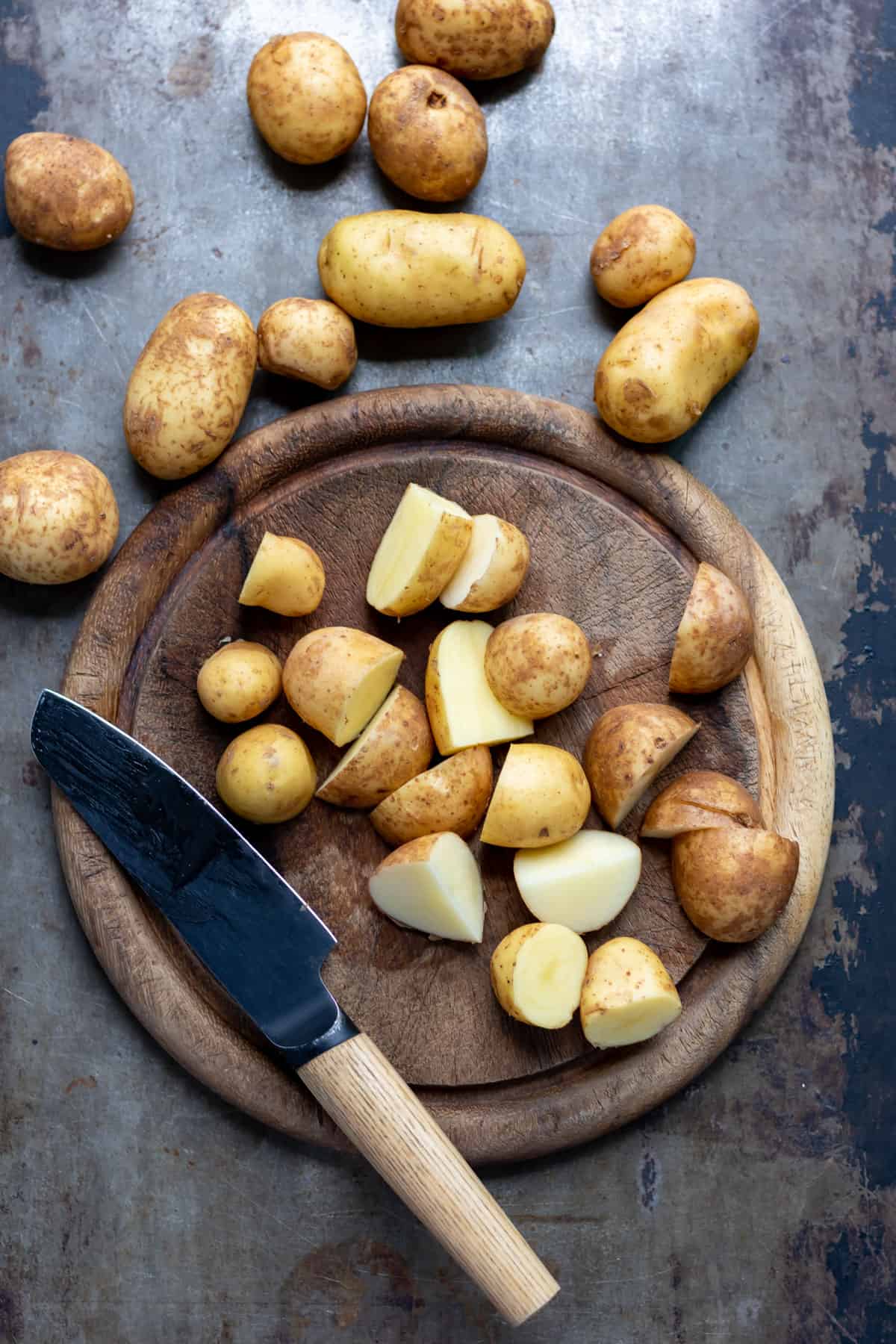 Prepping potatoes.