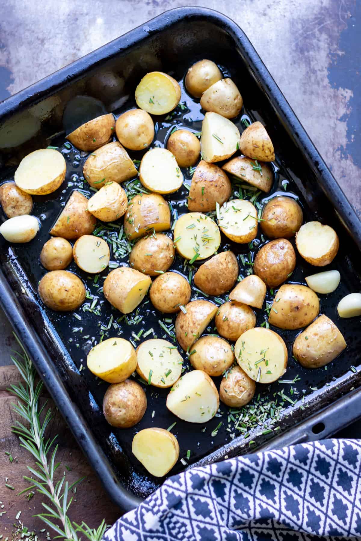 A pan of roasting potatoes.