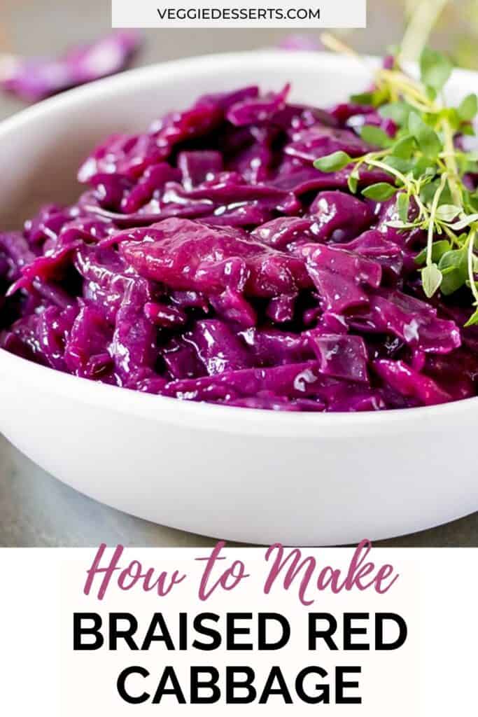 Bowl of cooked cabbage with text: How to make braised red cabbage.