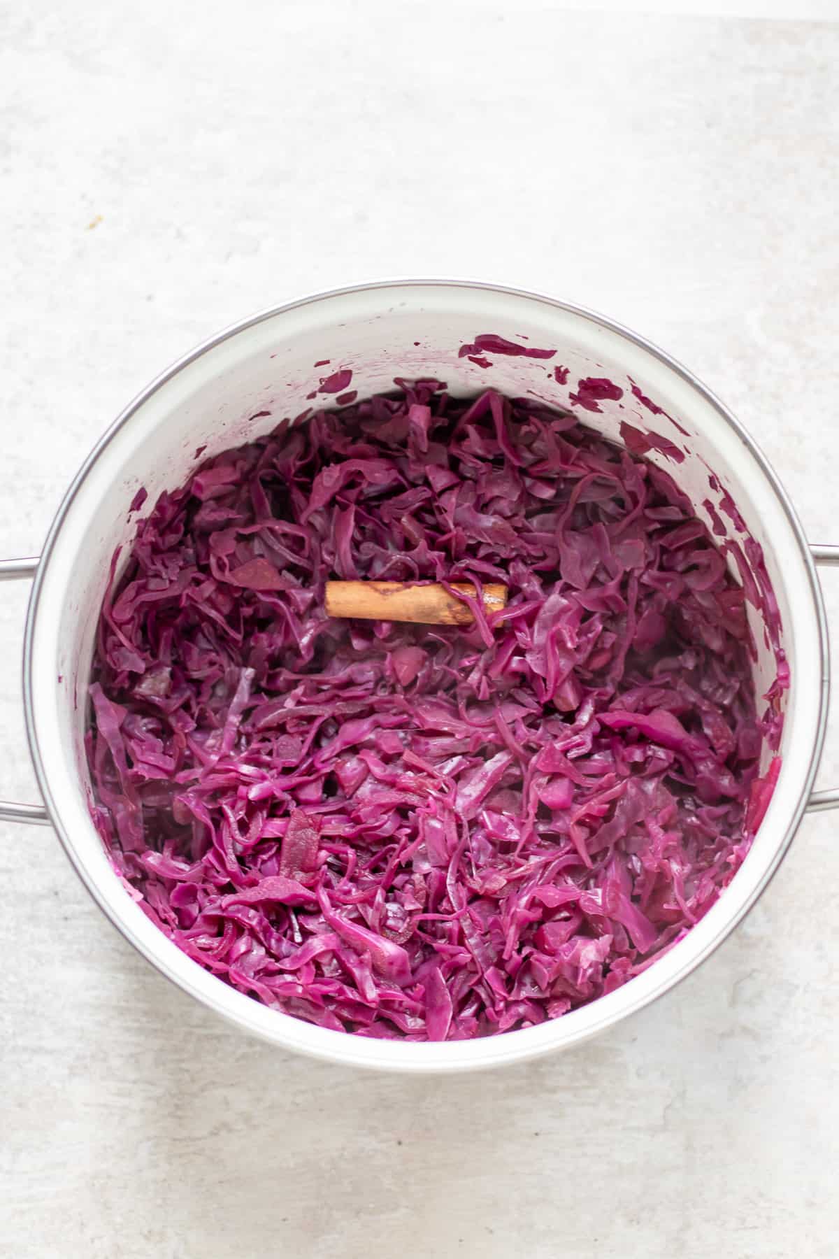 Cooked red cabbage in a pot.
