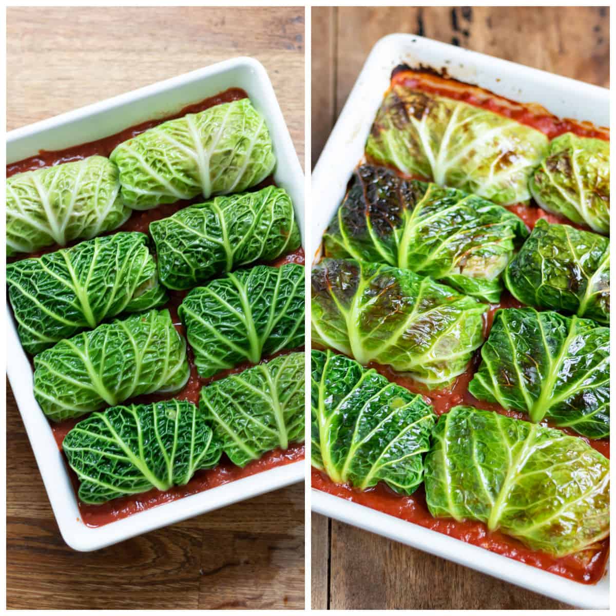 Collage of uncooked and cooked cabbage rolls in a baking dish.