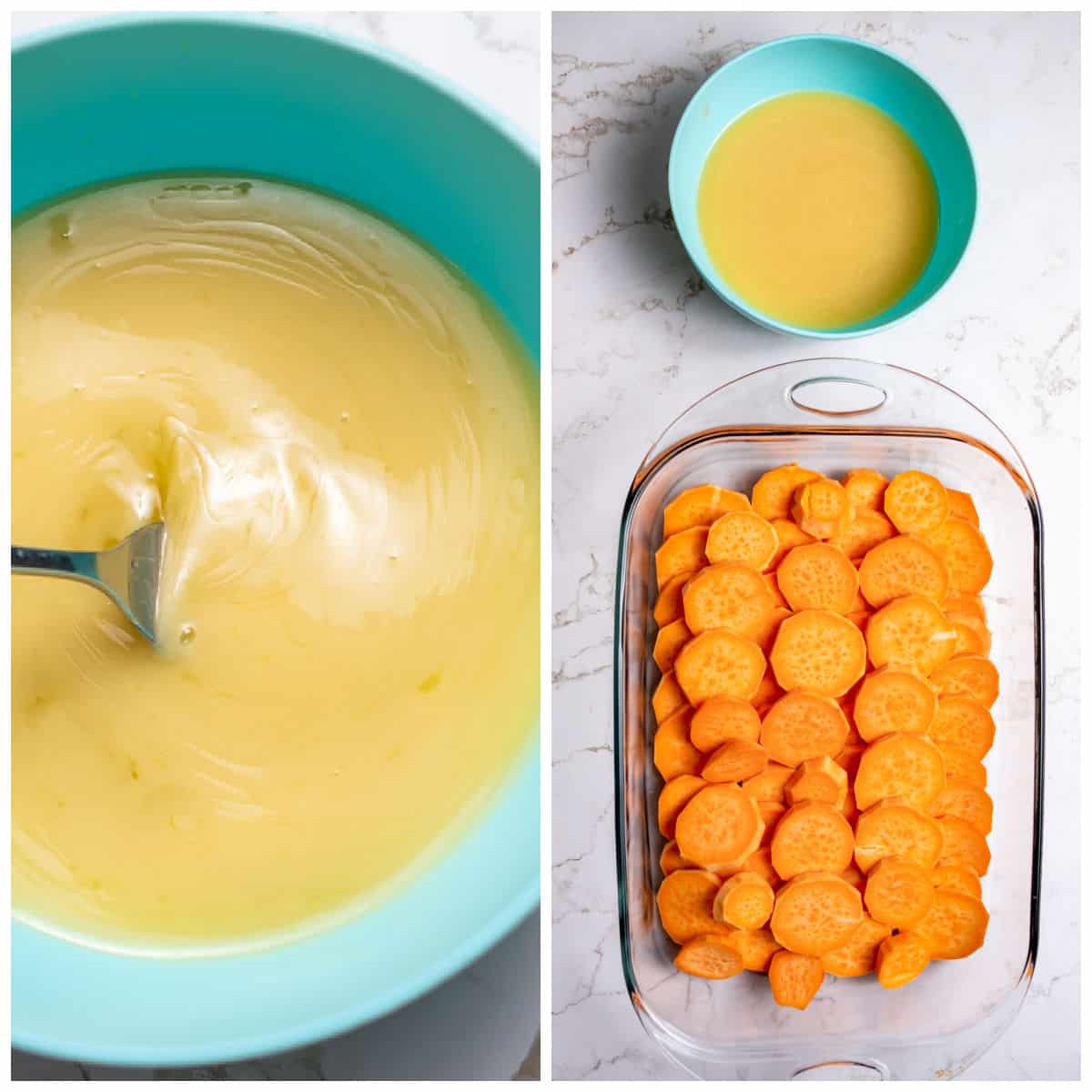 Collage of sauce in a bowl and slices of sweet potatoes in a baking dish.