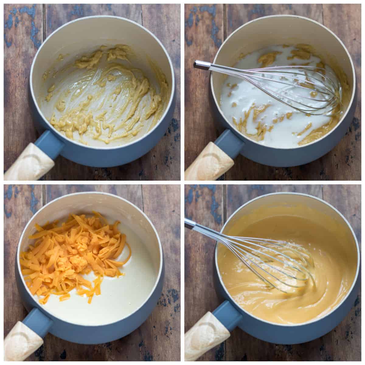 Collage of making cheese sauce.
