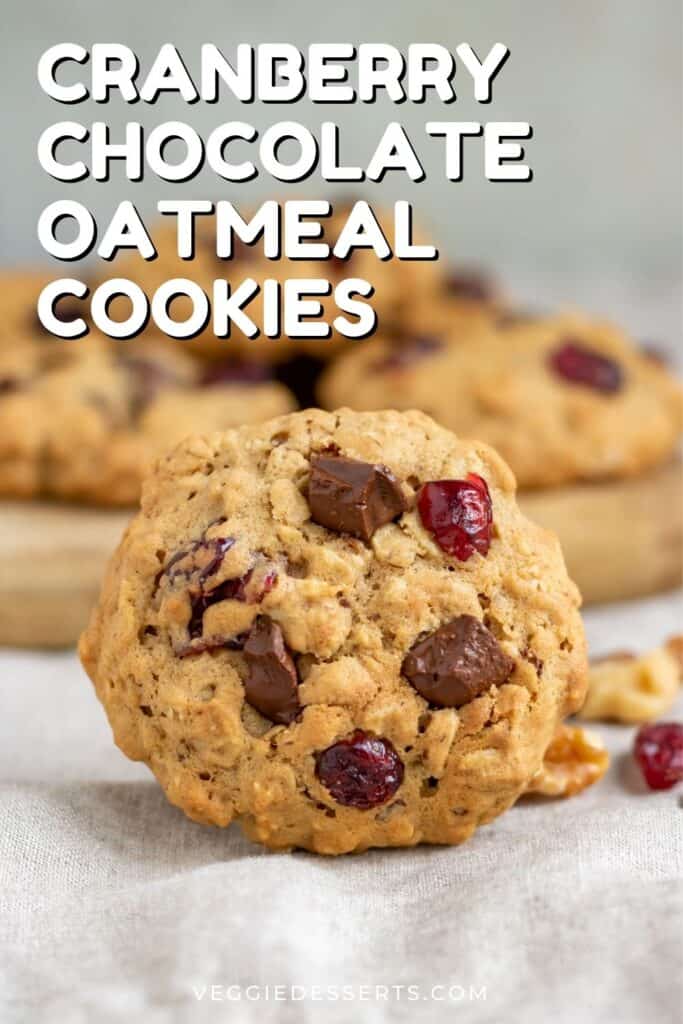 Close up of a cookie with text: cranberry chocolate oatmeal cookies.