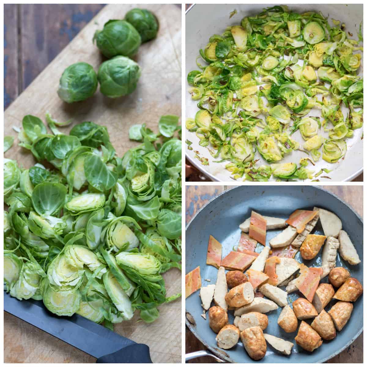 Collage of sliced brussels sprouts, cooked sprouts and pan frying leftover veggie meats.