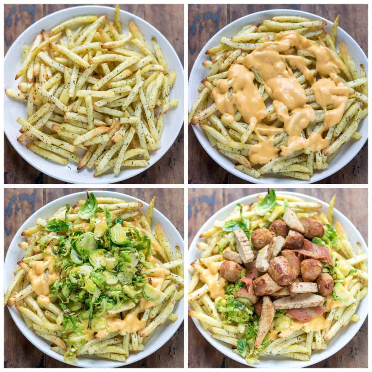 Collage of adding leftovers toppings to a plate of fries.