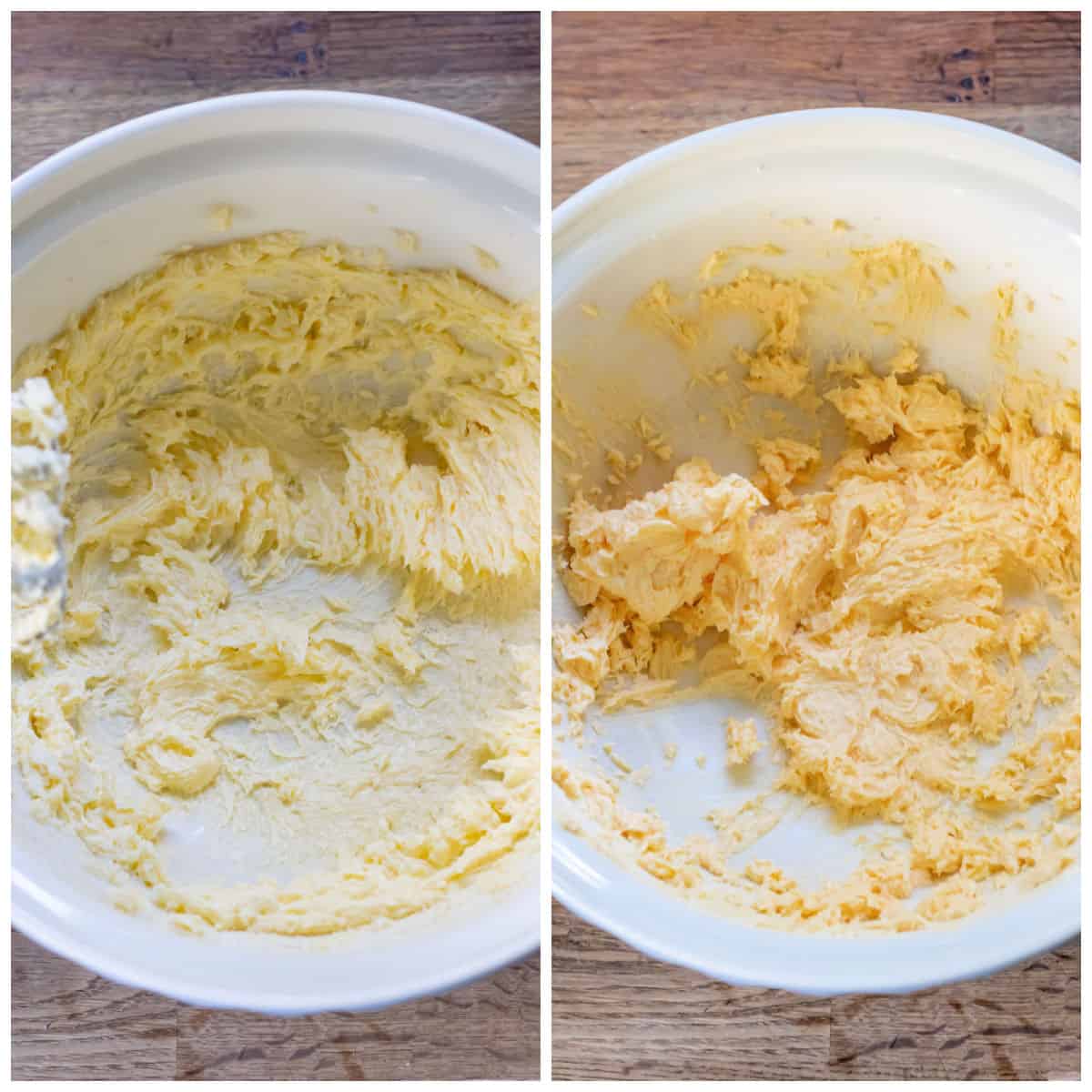 Butter and sugar beaten in a bowl, plus adding eggs.