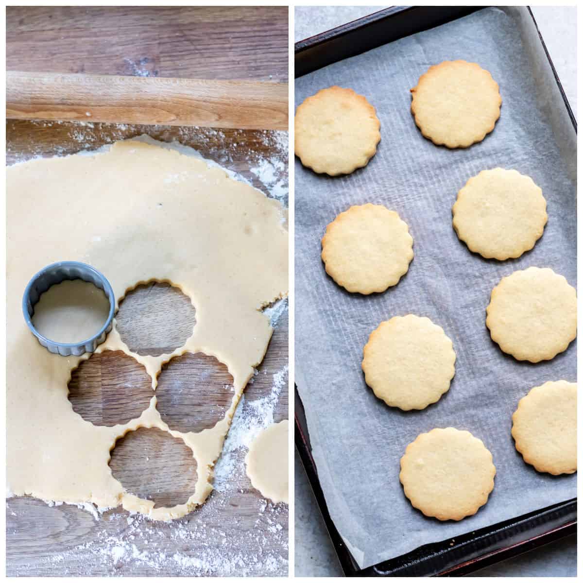 Collage of cutting out sables and them baked on a cookie sheet.