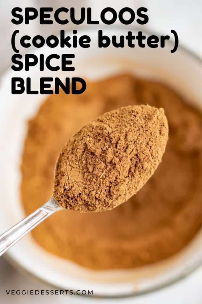 Spoon of spice mix with text: Speculoos cookie butter spice blend.