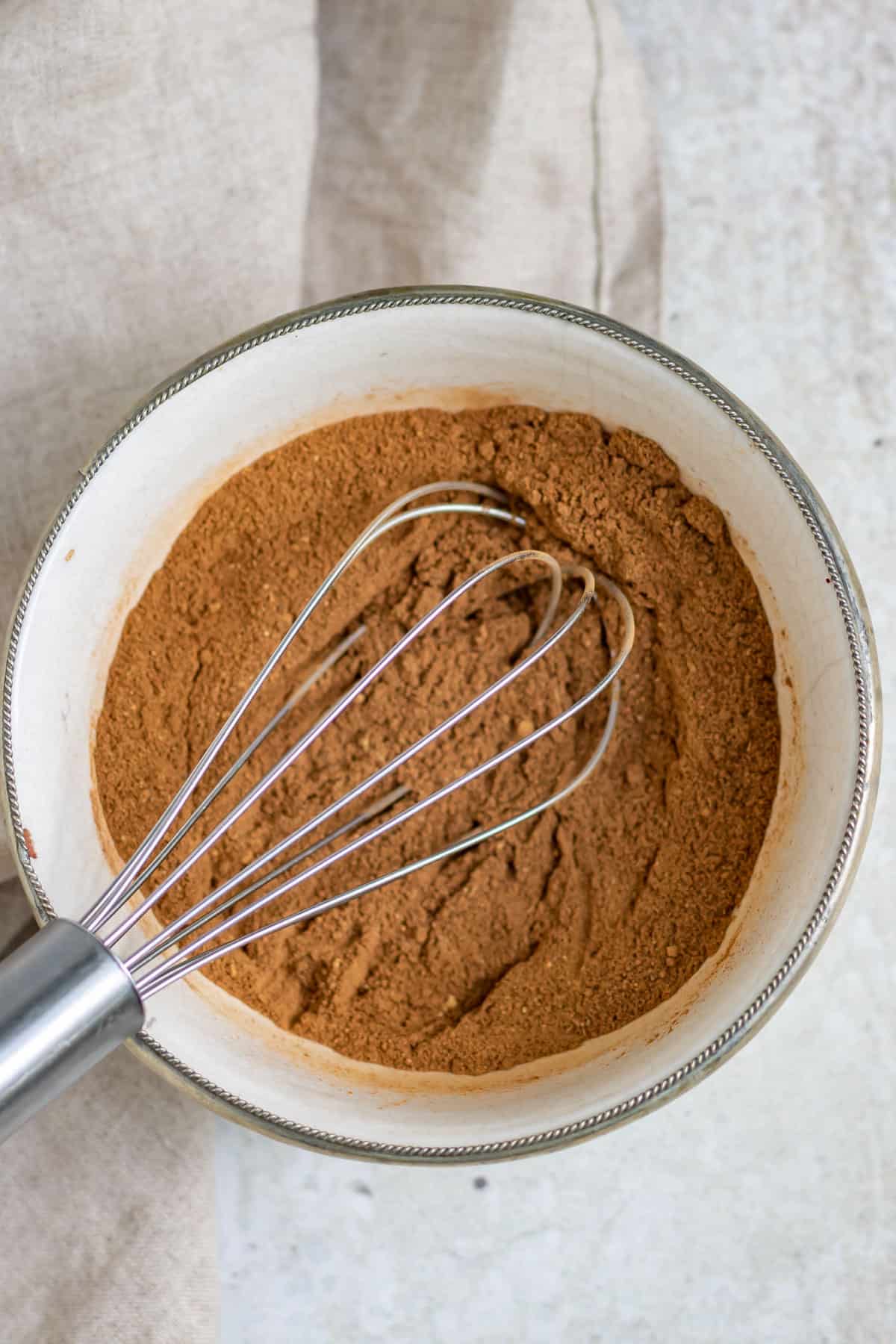 Whisking spices in a bowl.