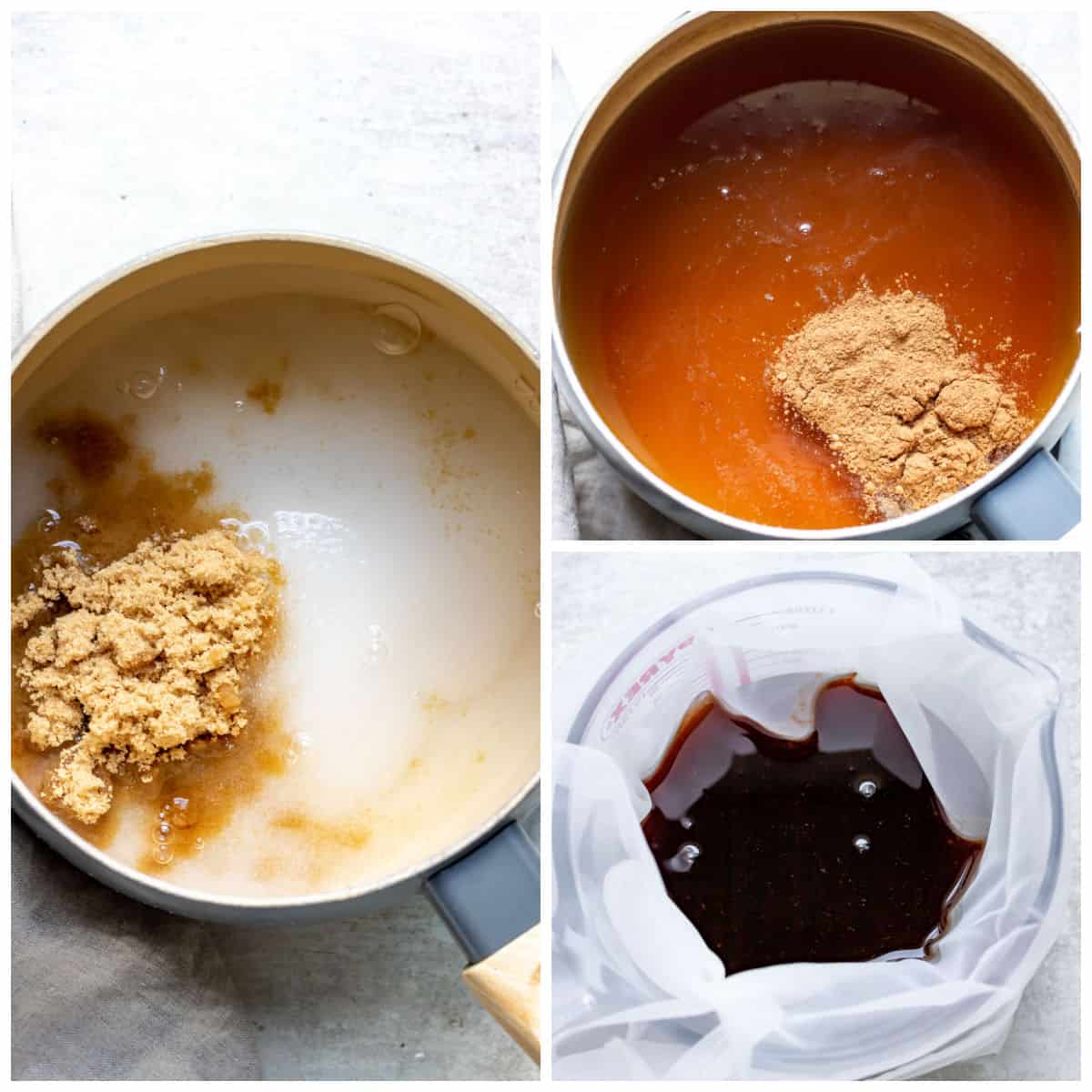 Collage of steps making chai syrup: pot of water and sugar, spices added, strained.