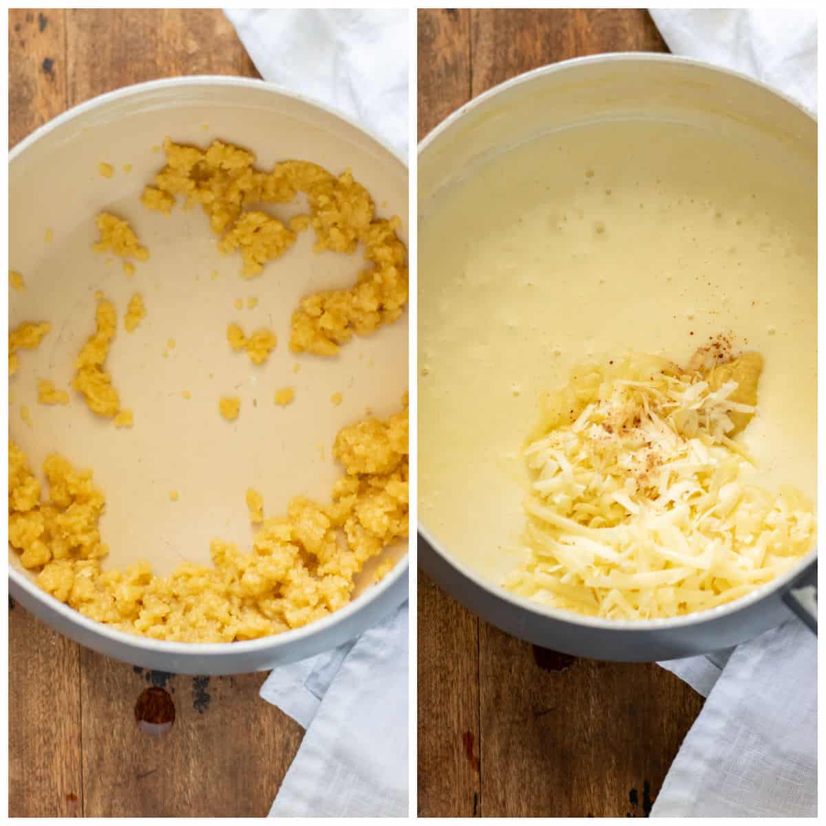 Pot with butter and flour mixed together, then milk and cheese added.