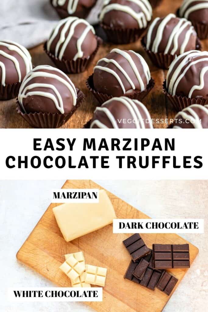 Rows of chocolates, with text: Easy marzipan chocolate truffles.
