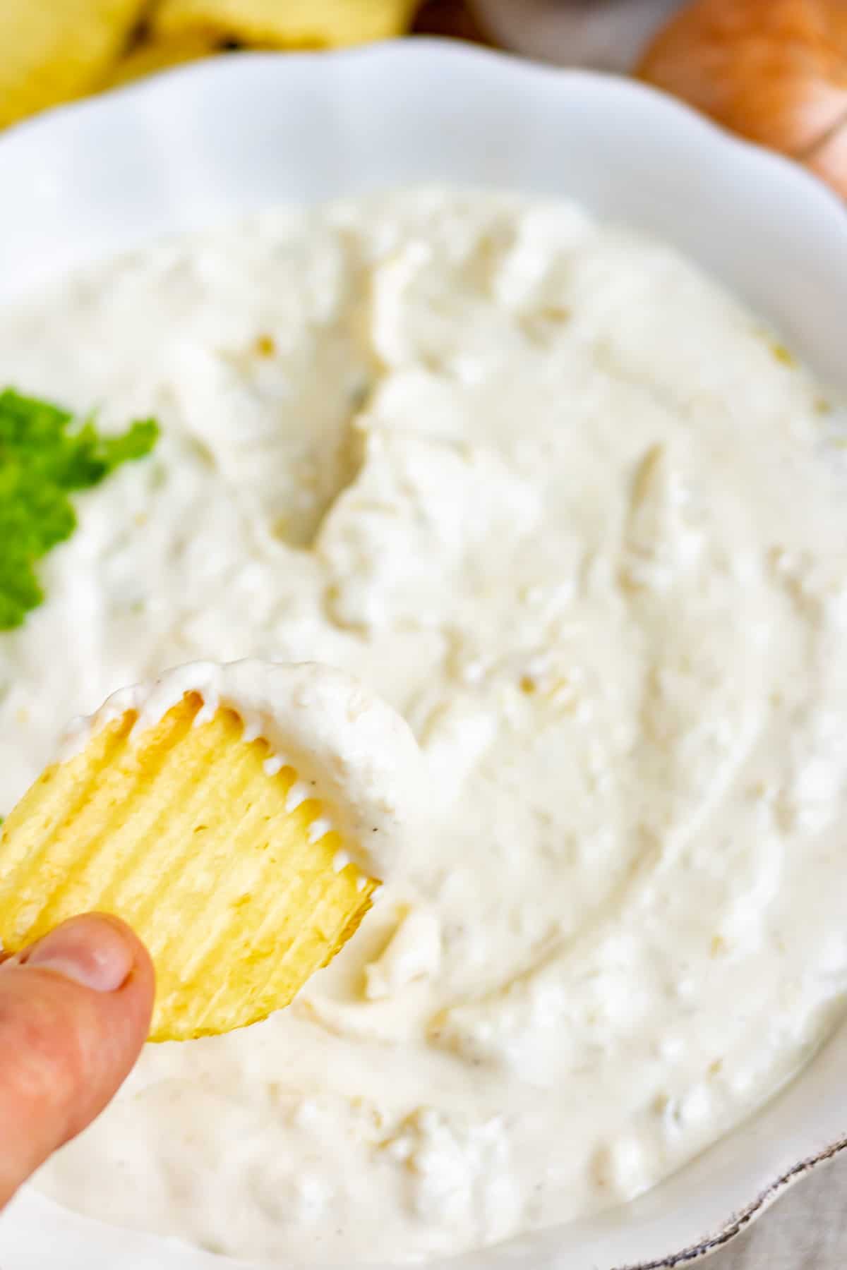 Close up of a bowl of onion dip.