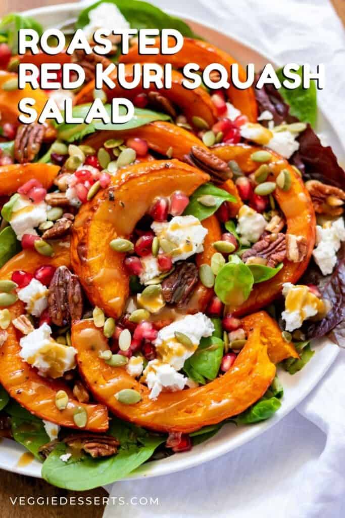 A salad on a table, with text: Roasted Red Kuri Squash Salad.