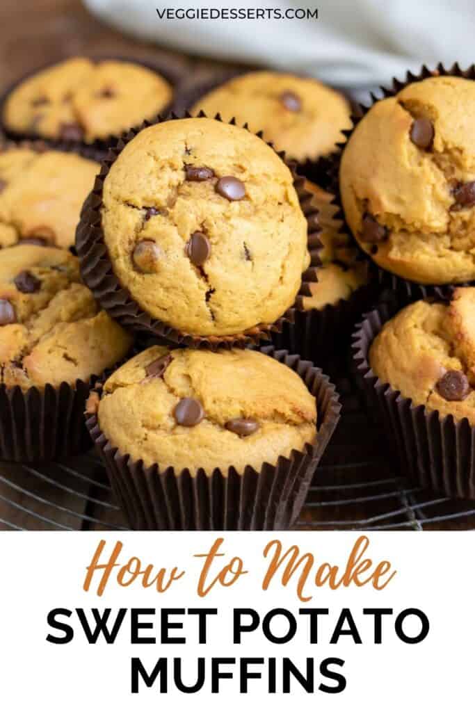 A pile of muffins with text: How to make sweet potato muffins.