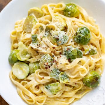 A plate of brussels sprout pasta.