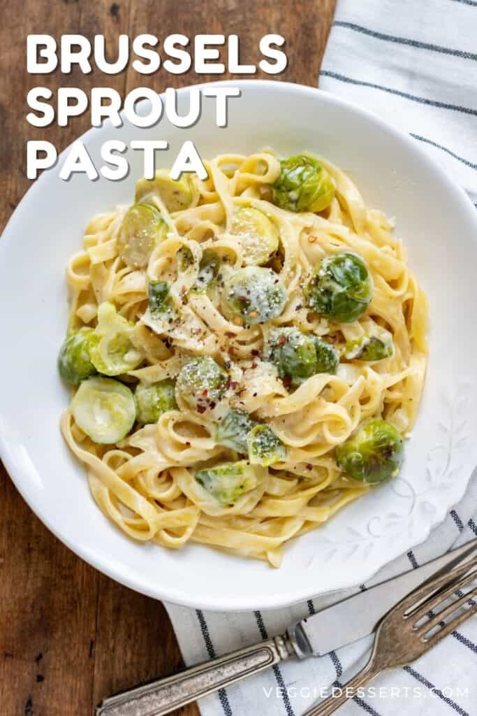 A plate of pasta, with text: Brussels Sprout Pasta.