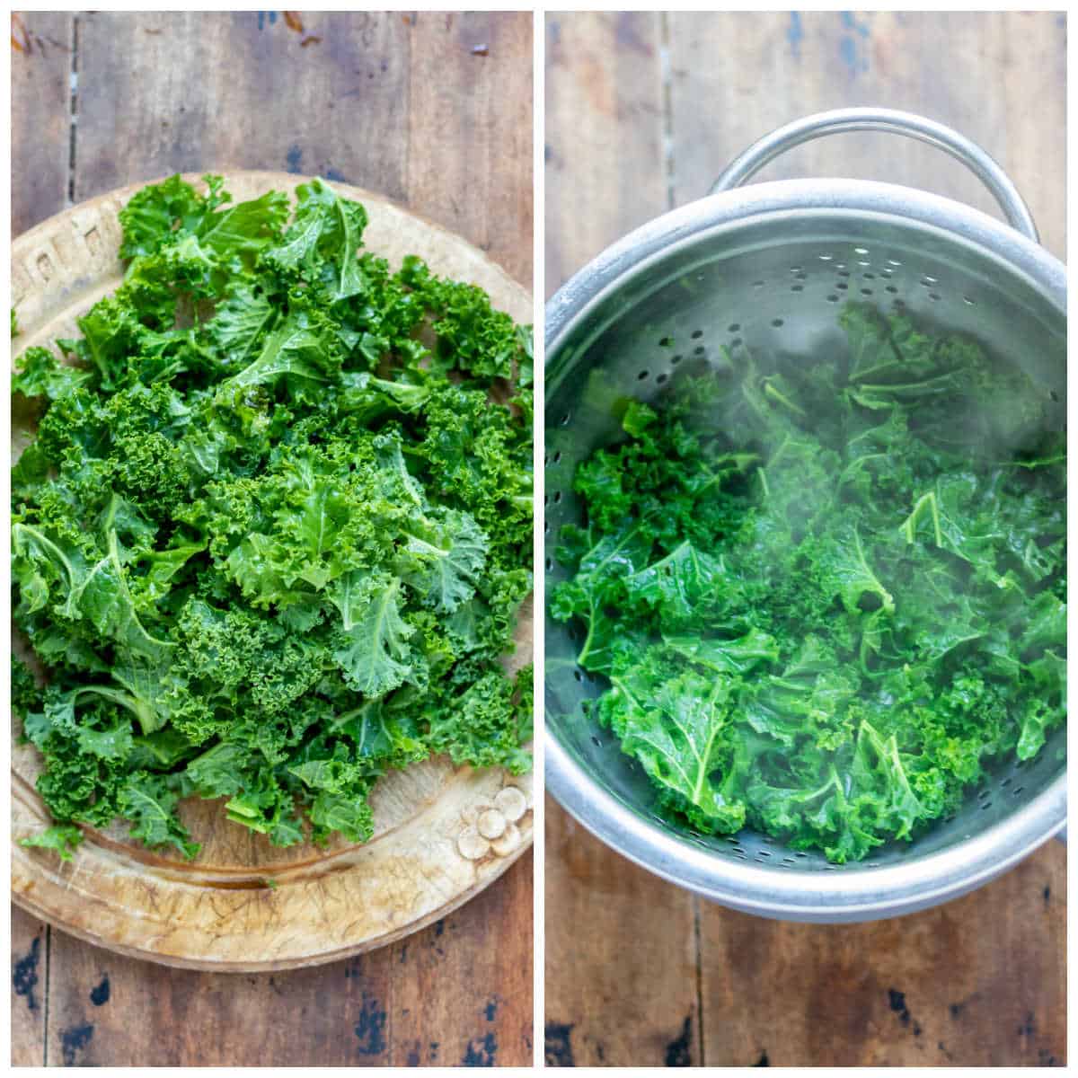 Collage with chopped kale and draining it in a colander.