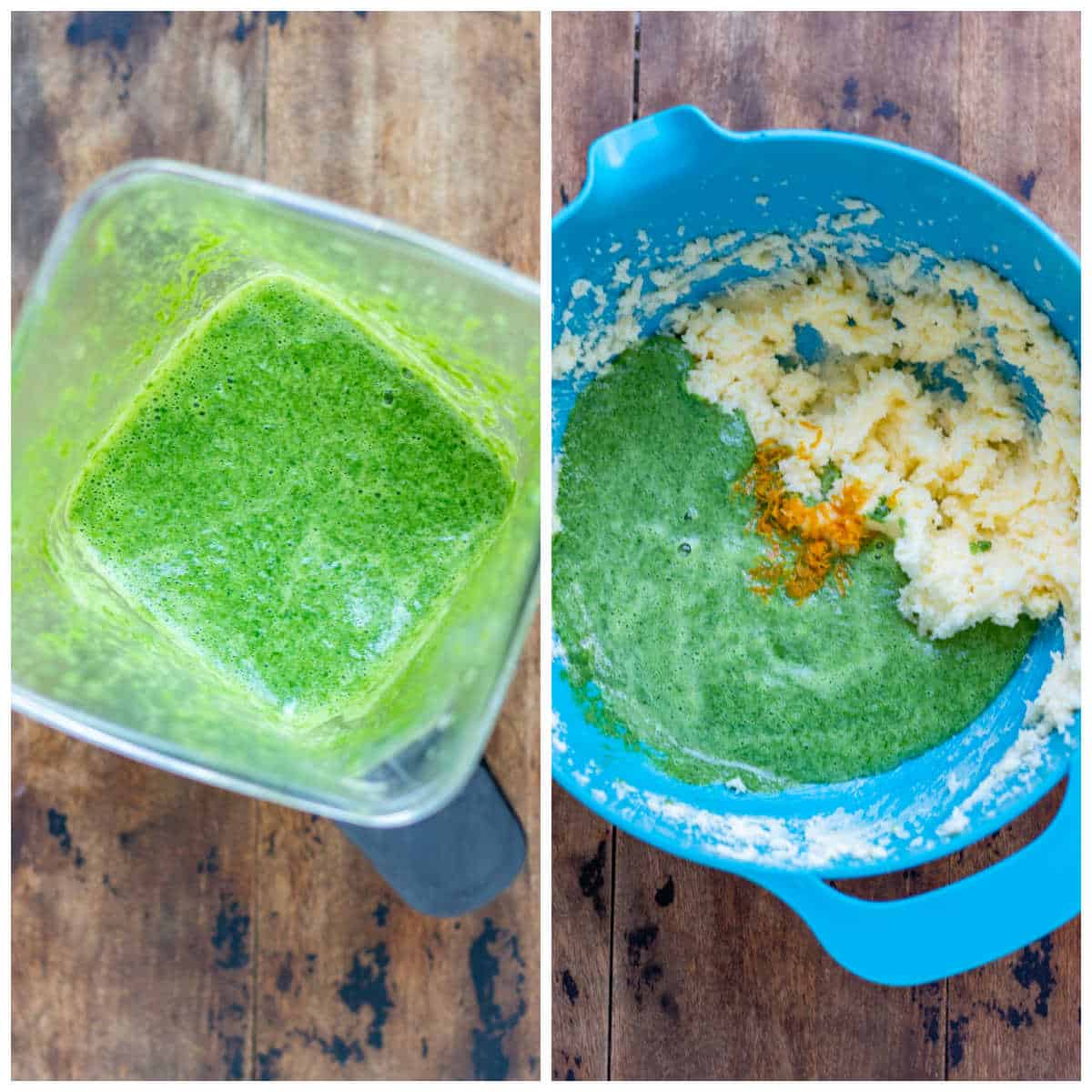 Collage with blended kale, plus it added to creamed butter and sugar in a bowl.