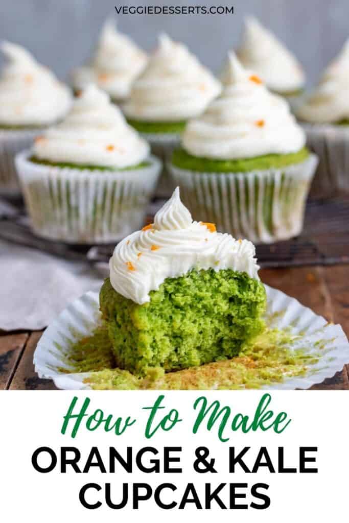 A cupcake with a bite out, and text: How to make orange and kale cupcakes.