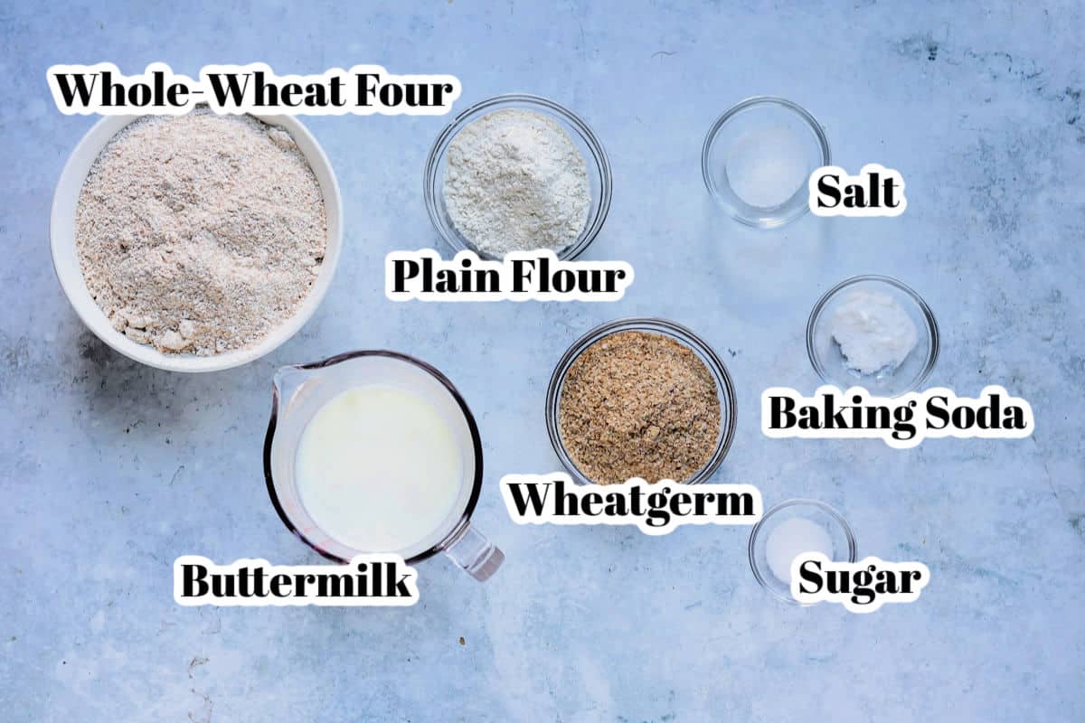 Ingredients on a table with labels.
